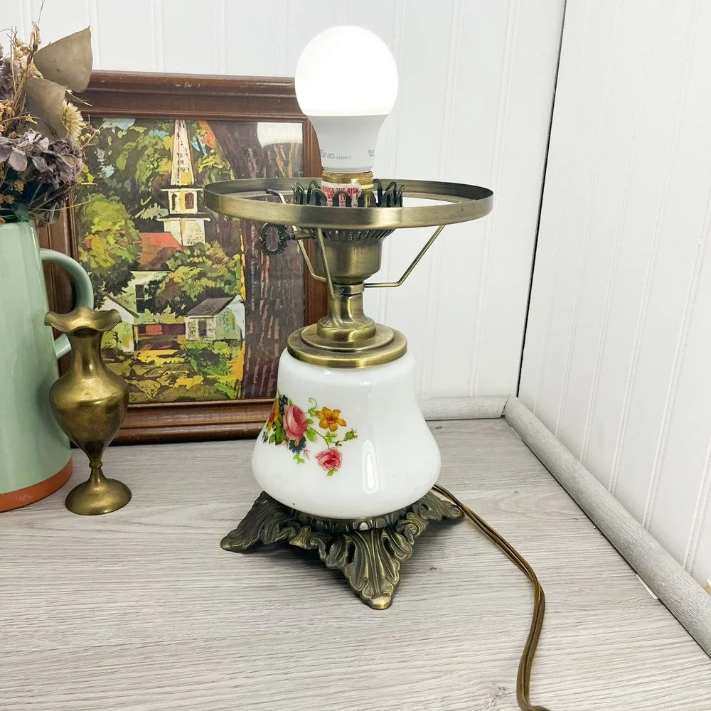 Vintage Floral Porcelain Table Lamp - Brass Base - Milk Glass Globe‎
